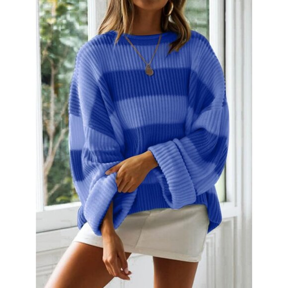 Women's Pullover Drop Shoulder Long Sleeve Retro Stripe Dark Blue Fall Sweater - Picture 2 of 3